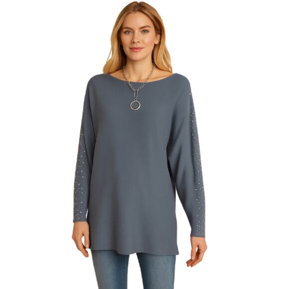 Milano Blue Dolman Sleeve Sweater with Sequins & Silver Studs, L - Picture 8 of 8